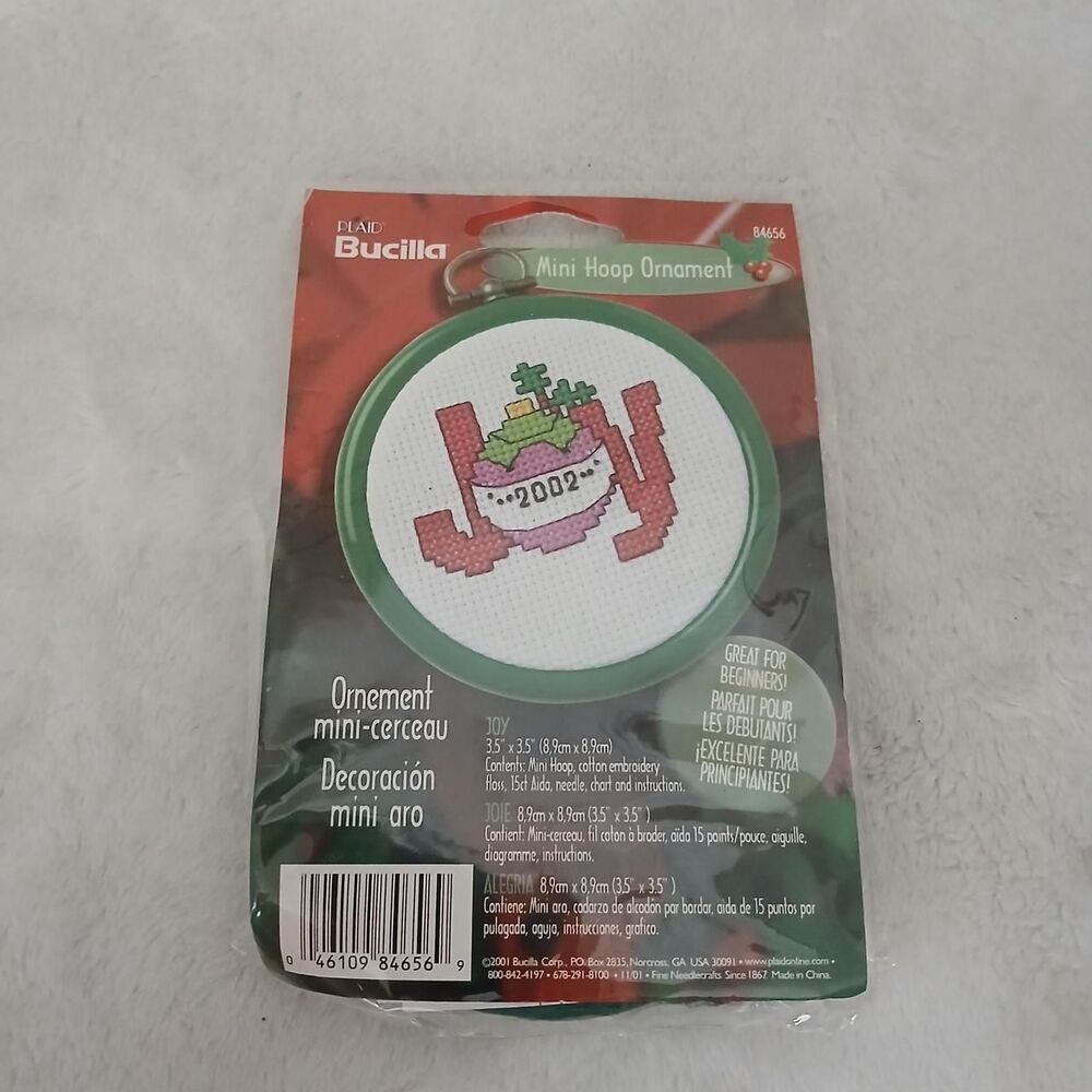 NEW Vintage 2002 Bucilla Mini Hoop Cross Stitch Ornament Kit JOY 2002 Deadstock